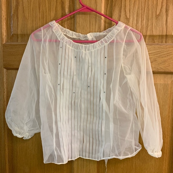 1950S SHEER WHITE NYLON BLOUSE RHINESTONES & RUFFLES Sz 10-12 BUST 36 WOMEN’S M - Picture 1 of 4
